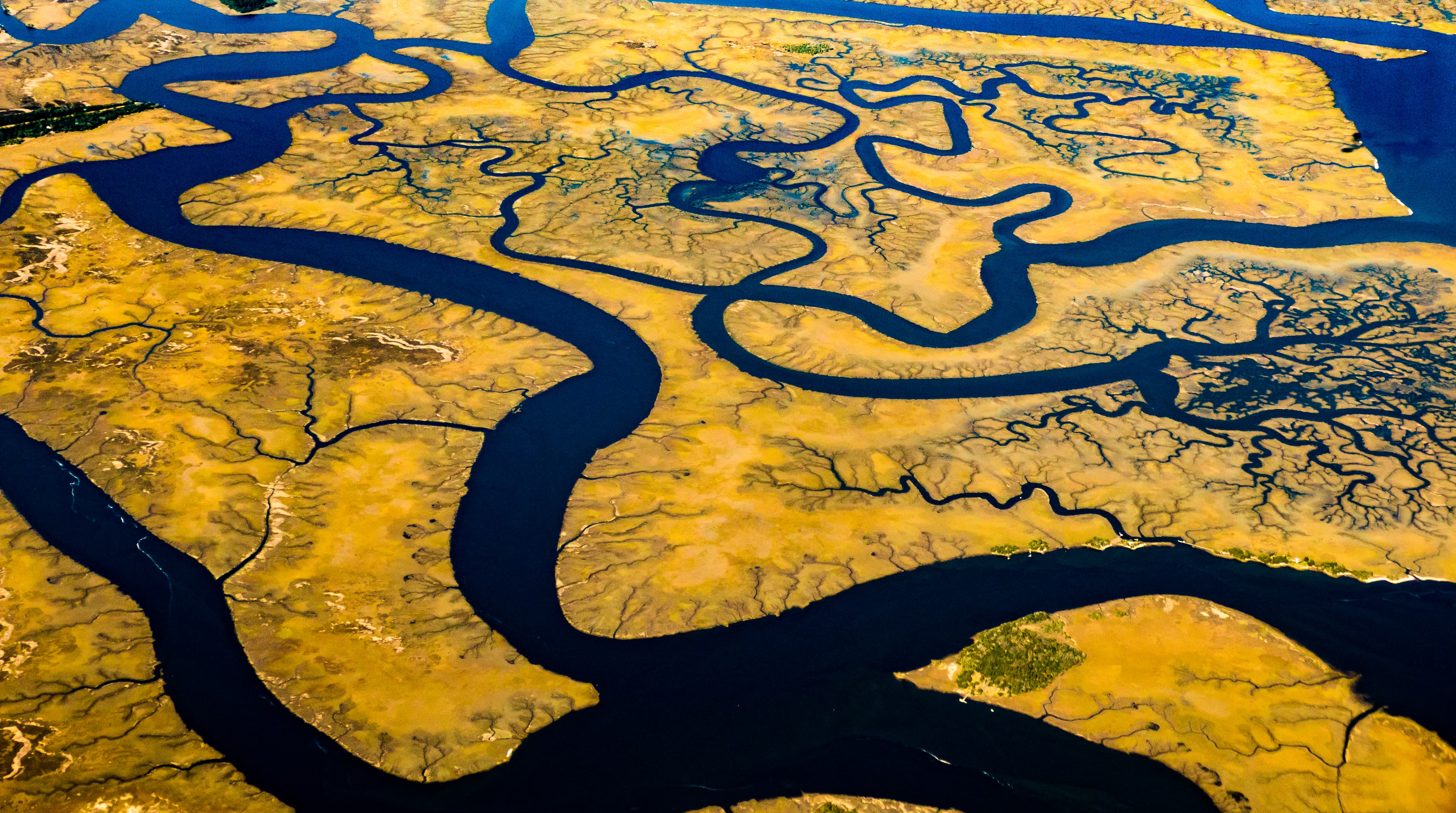 En route vers la Floride, voici Charleston, en Caroline du Sud. En longeant la côte, on aperçoit ces marais salants aux motifs finement détaillés. Comme les petits avions volent moins haut que les gros porteurs commerciaux, ils nous offrent des perspectives uniques.